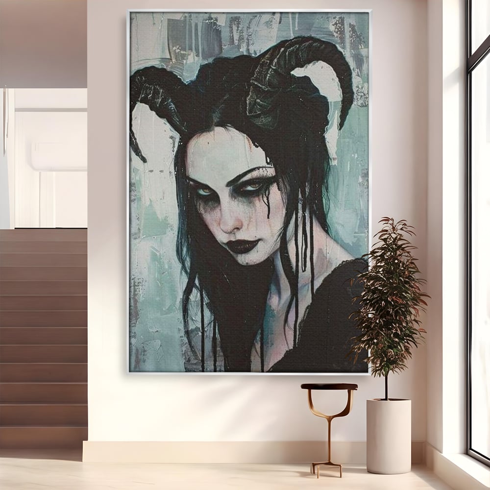 Tablou canvas cu tablou canvas cu portret gotic feminin, in rama de aluminiu argintiu